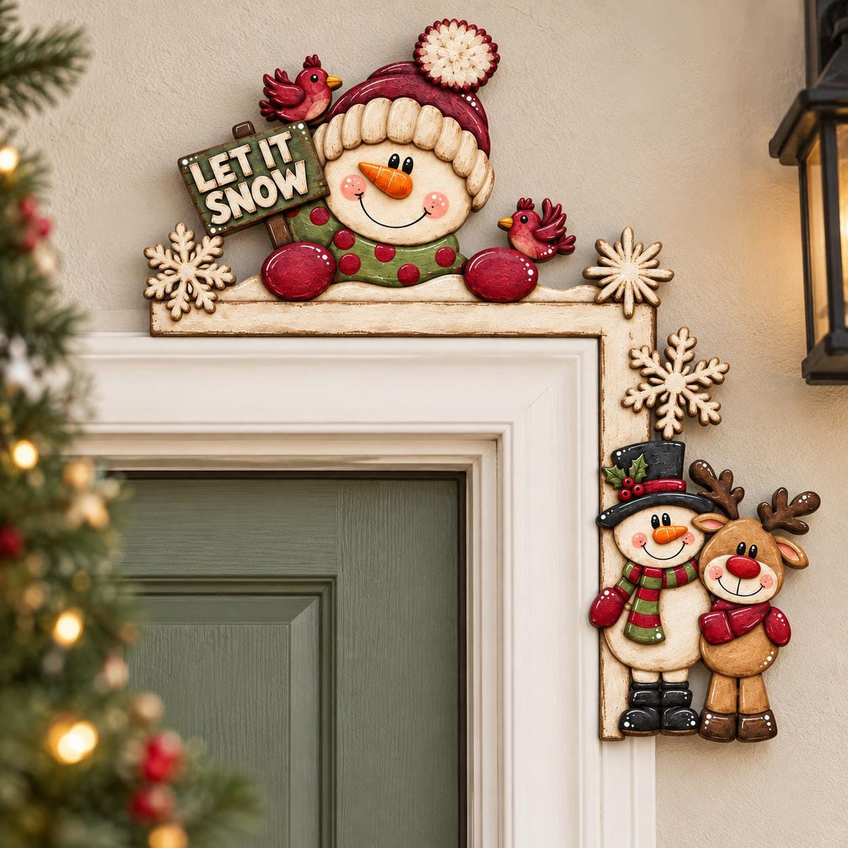 A festive holiday scene with a snowman, reindeer, and a sign that says "Let it snow" on a door.