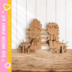 A wooden bench with two cartoon-like figures sitting on it, one holding a bouquet of flowers.