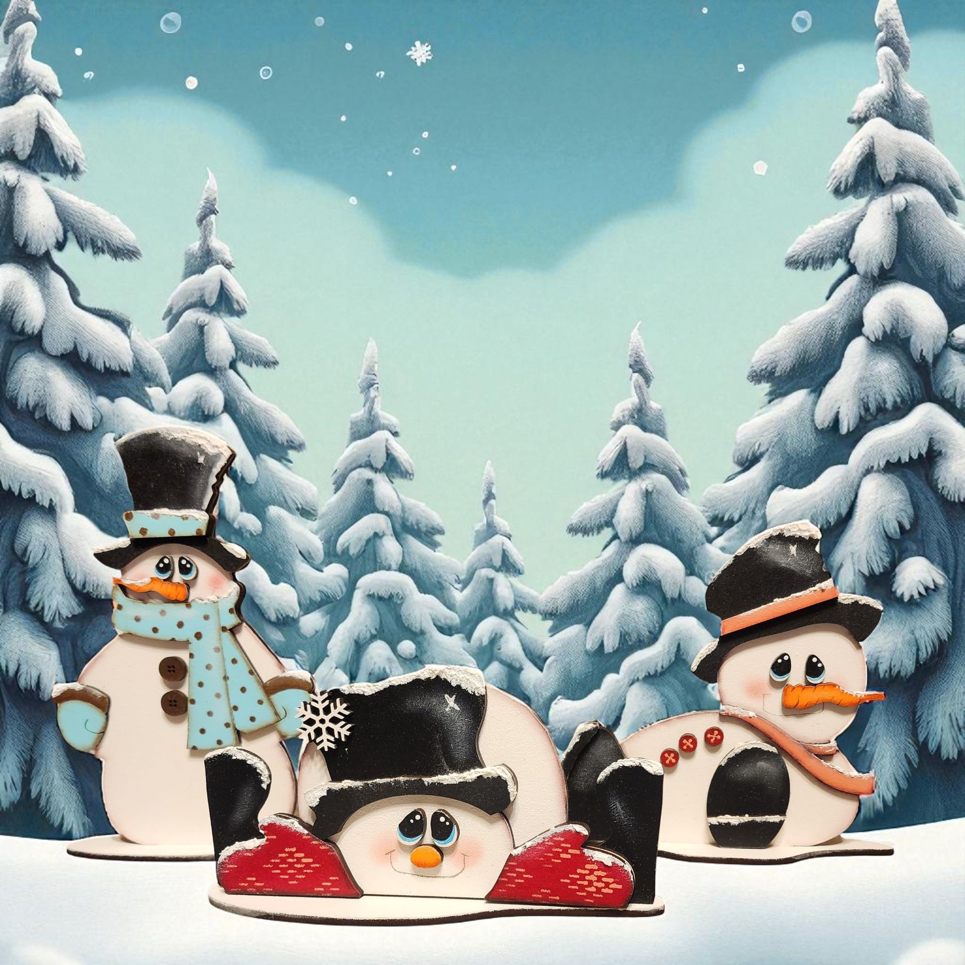A winter scene with three snowmen in the foreground, set against a snowy forest backdrop with snow-covered pine trees.