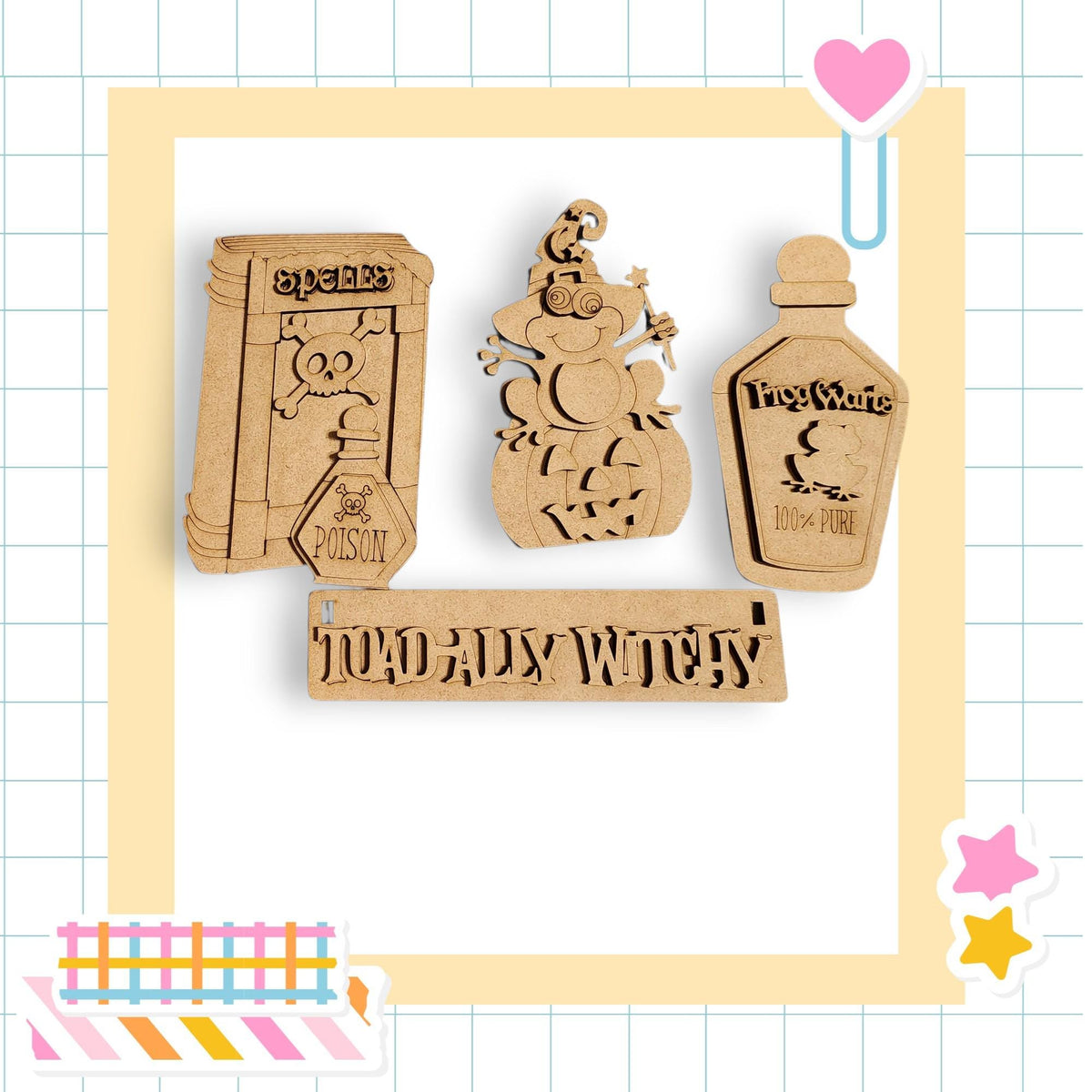 three wooden objects, including a bottle, a skull, and a sign, all of which appear to be related to Halloween or spooky themes.