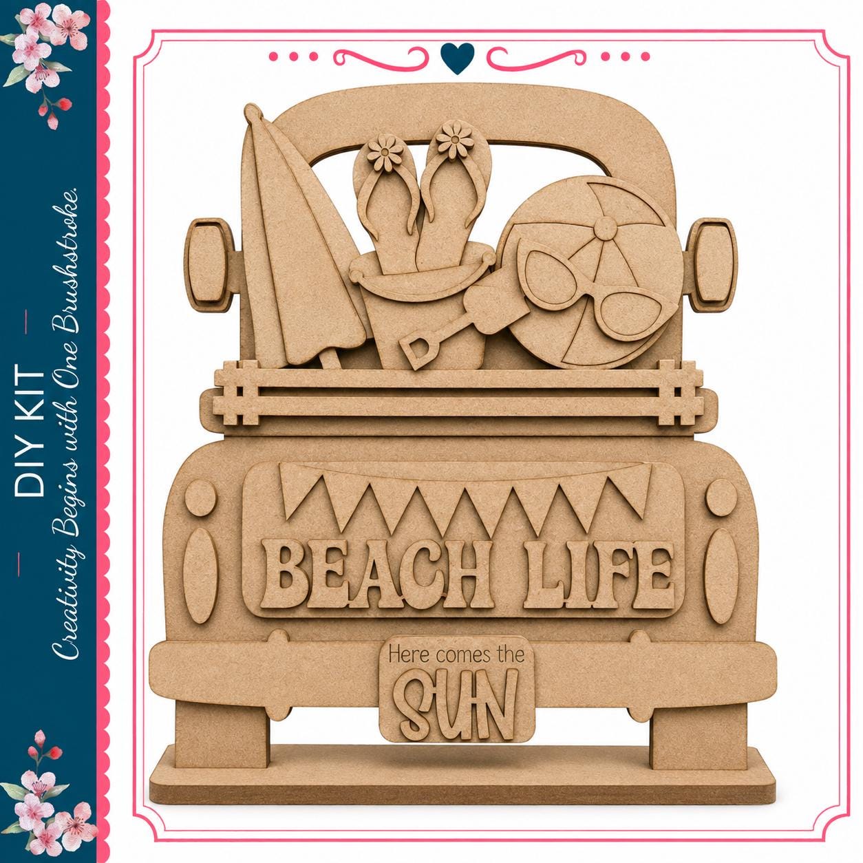 A wooden truck with various beach-themed items, including a surfboard, sunglasses, and a beach ball, along with the text "BEACH LIFE Here comes the SUN" carved into the back of the truck.