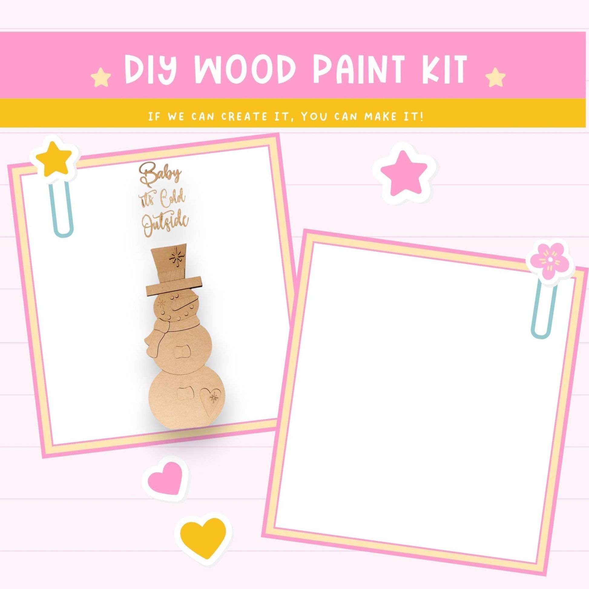 The image is a DIY wood paint kit with a snowman and a blank space for painting.