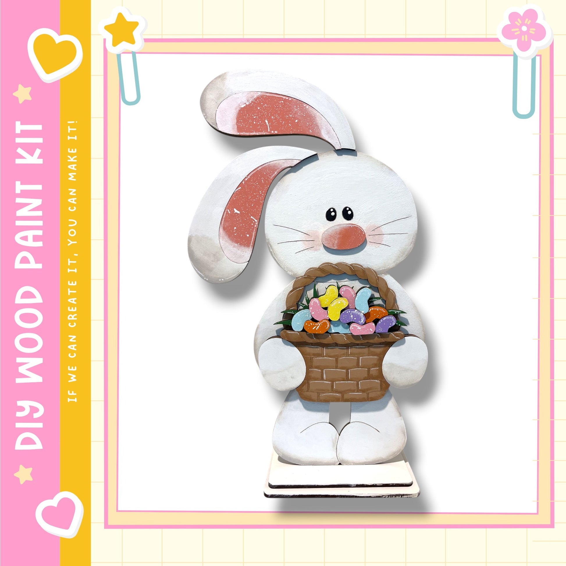 A wooden Easter bunny statue holding a basket of colorful Easter eggs.