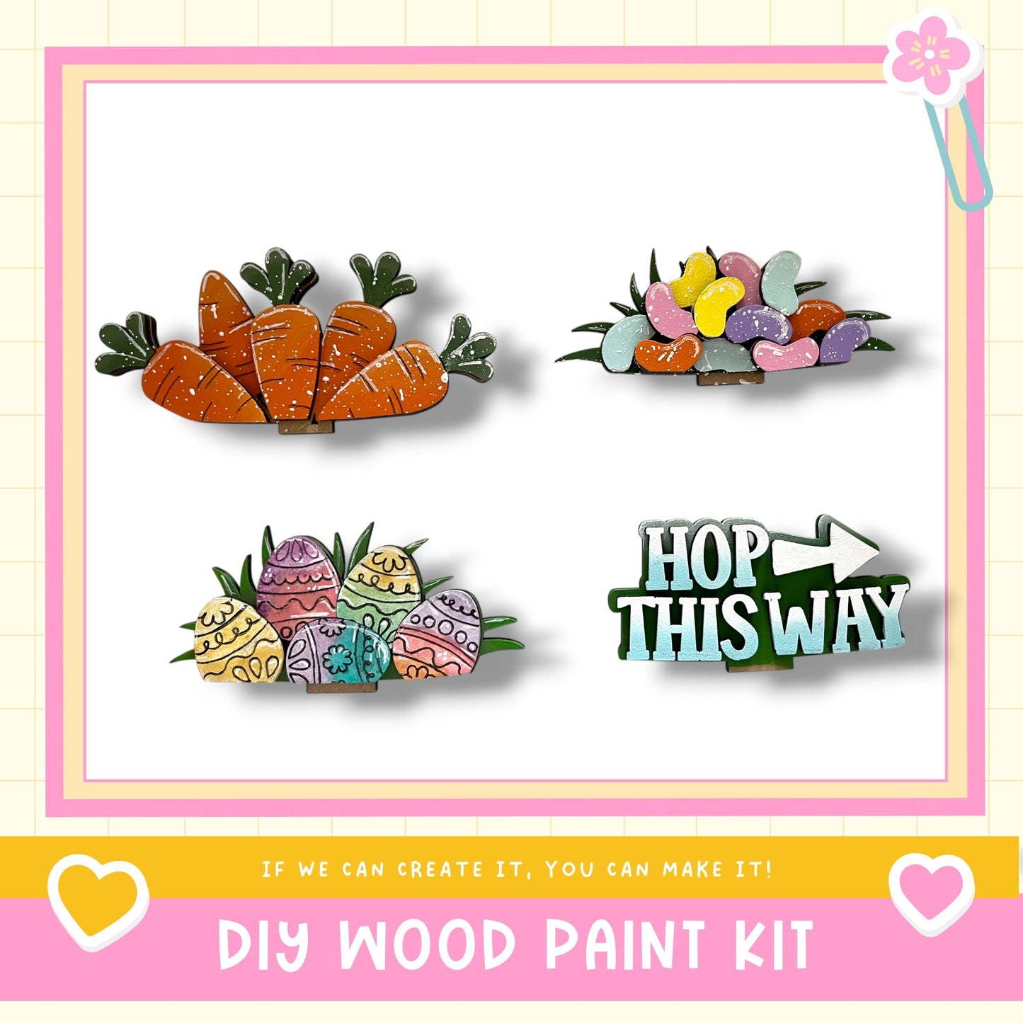 The image is a collage of four different Easter-themed items, including a pile of carrots, a basket of Easter eggs, a sign with the phrase "HOP THIS WAY", and a wooden sign with the phrase "DIY WOOD PAINT KIT".