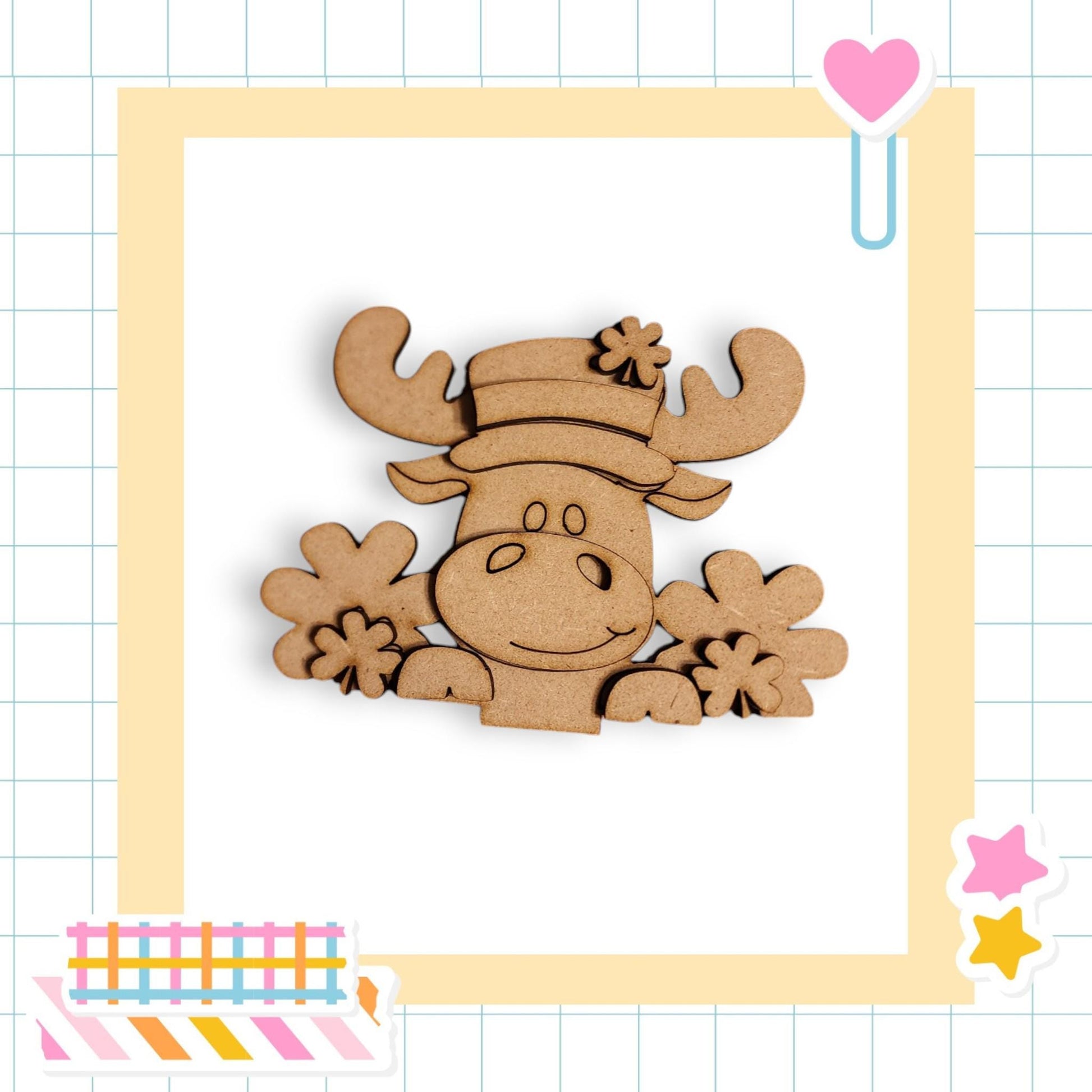 a wooden cutout of a moose wearing a hat