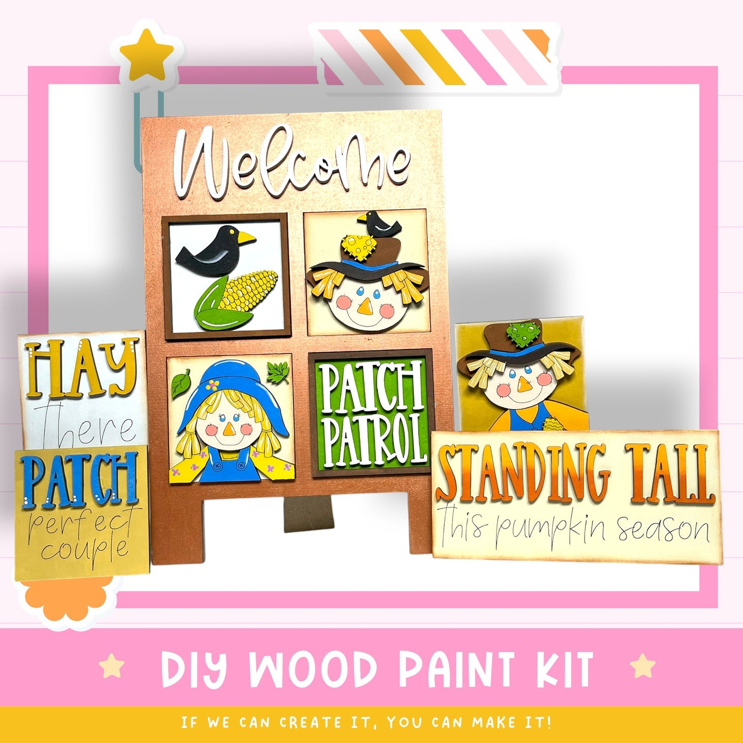 The image is a colorful and playful DIY wood paint kit featuring a welcome sign, a patch patrol sign, and a sign for a pumpkin patch. The kit appears to be designed for children to create their own signs and decorations for the fall season.