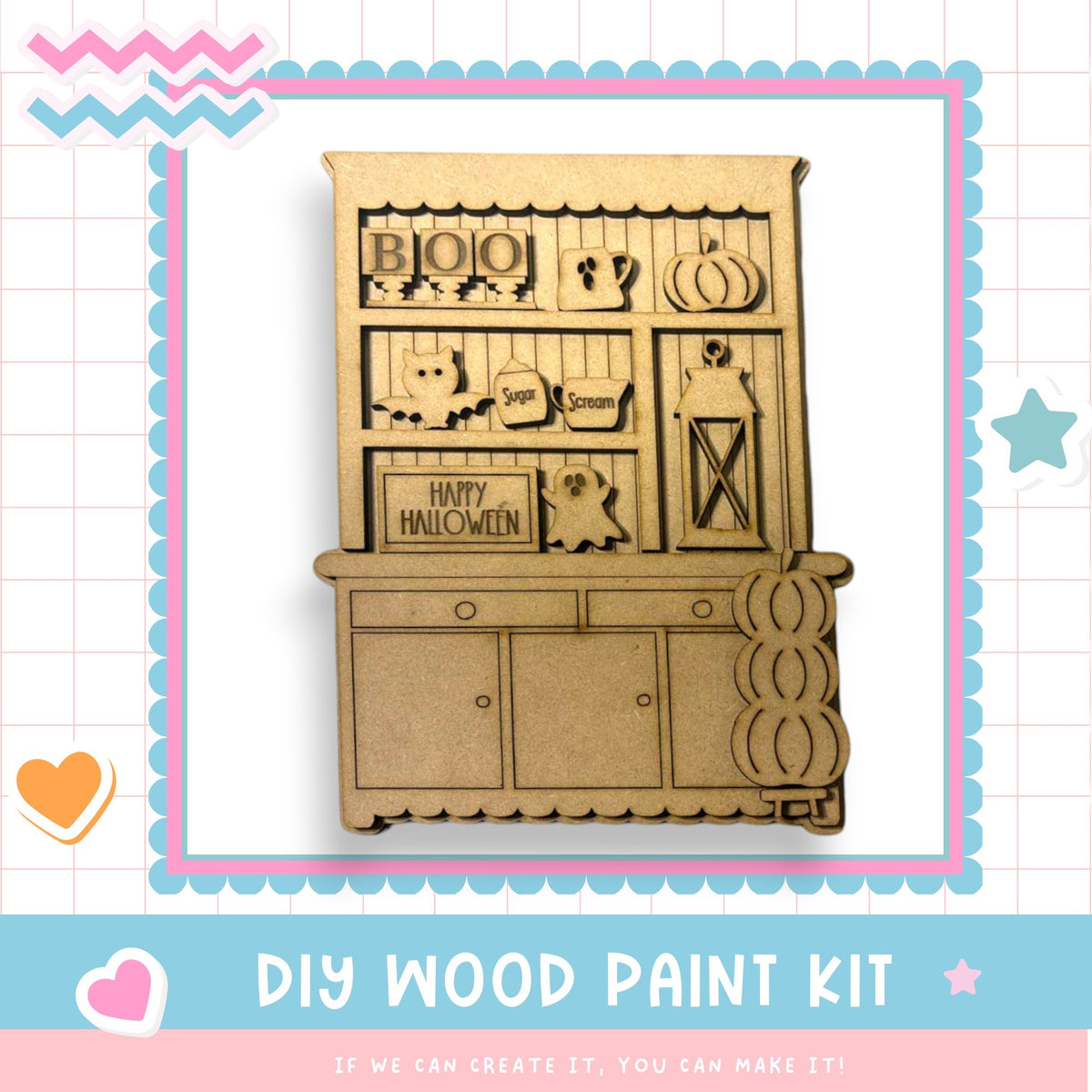 a card with a picture of a wooden cabinet
