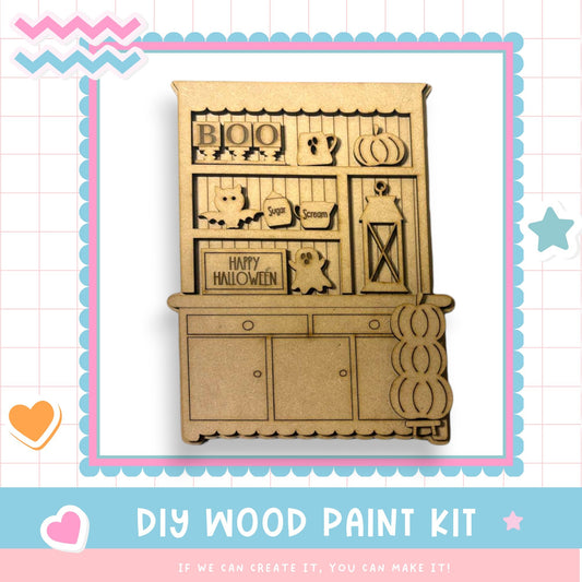 a card with a picture of a wooden cabinet