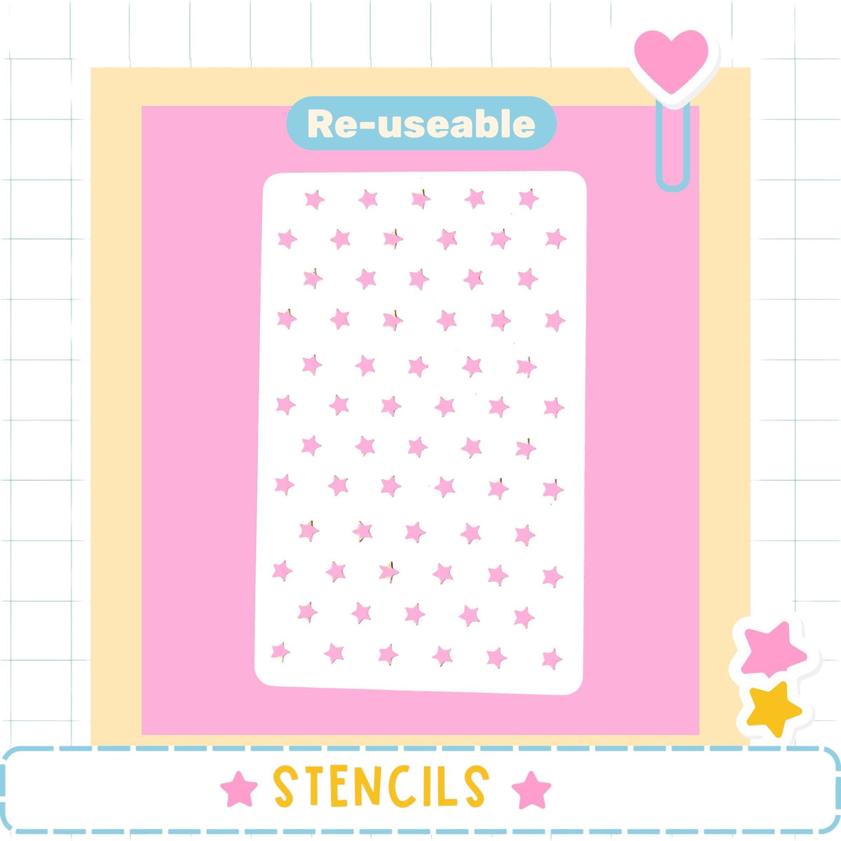 a pink background with a white star pattern and the word "Re-useable" written above it.
