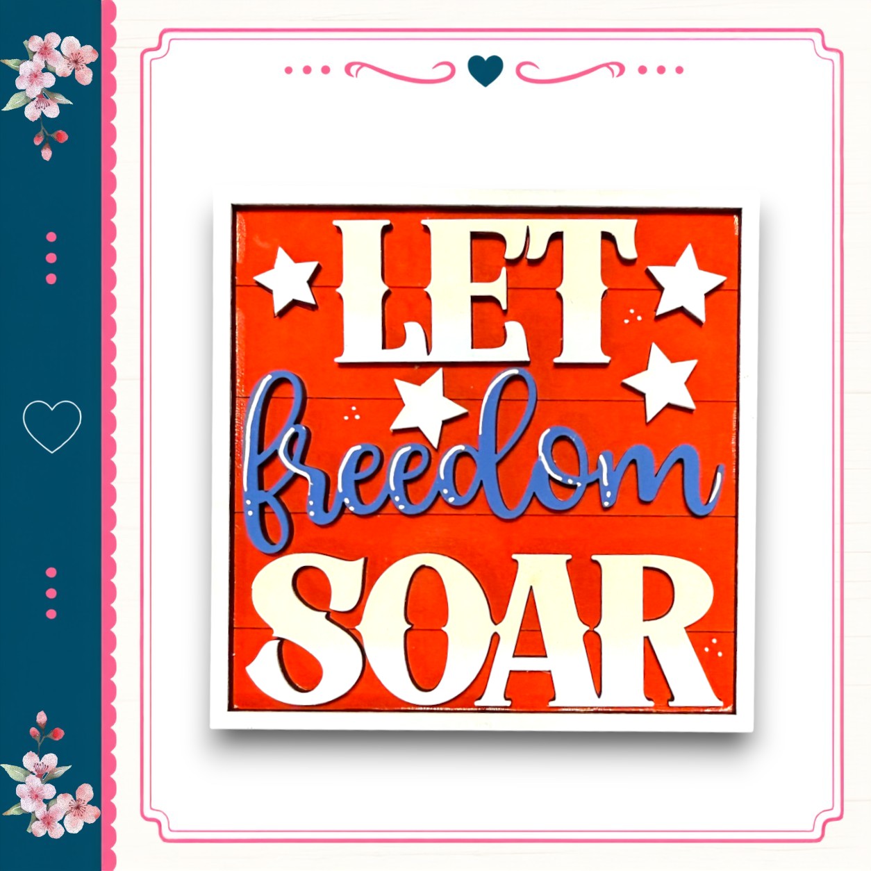a patriotic design with the phrase "LET freedom soar" prominently displayed in large letters.