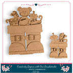 The image is a DIY kit for creating a Christmas stocking filled with toys, featuring a teddy bear, a robot, and other small figures.