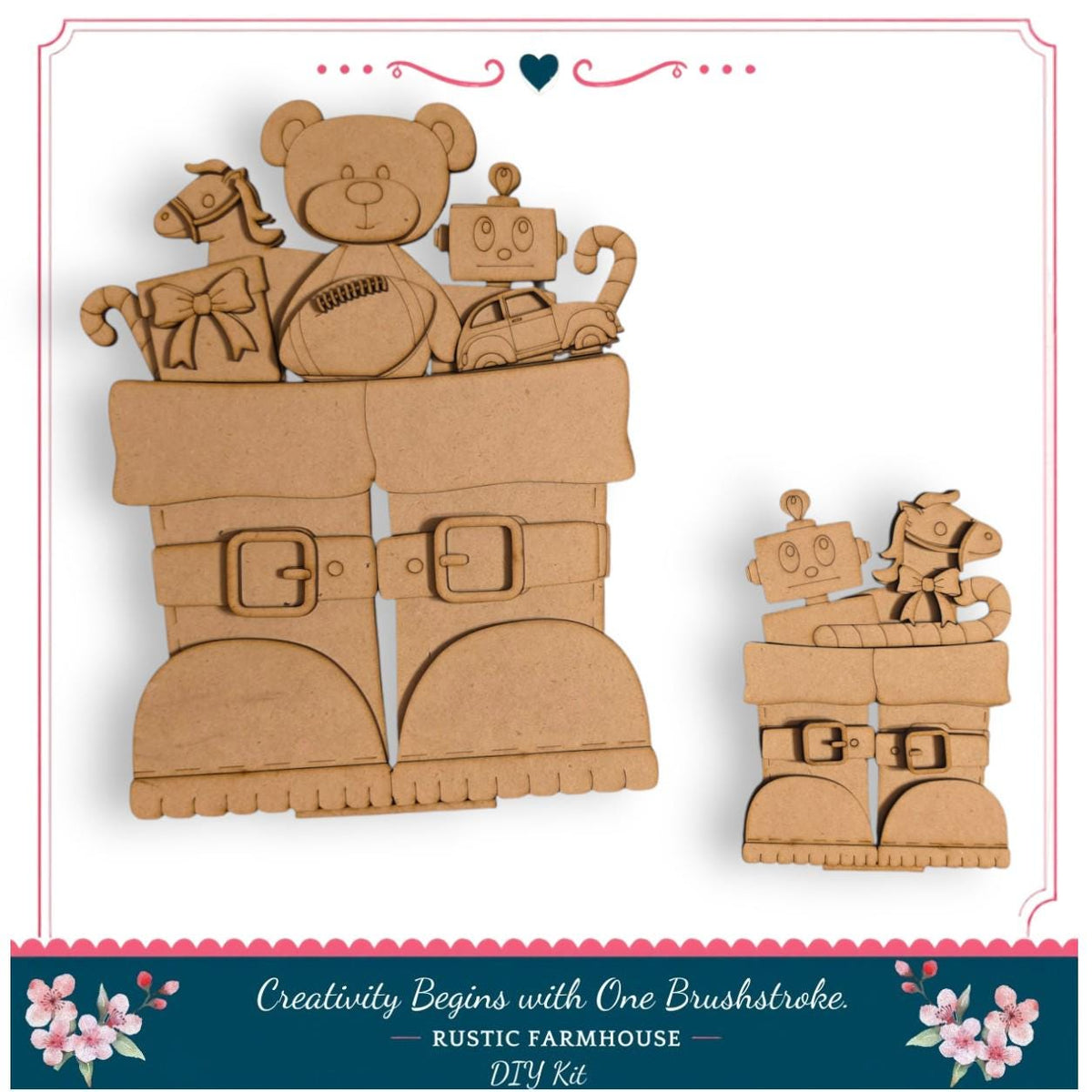 The image is a DIY kit for creating a Christmas stocking filled with toys, featuring a teddy bear, a robot, and other small figures.