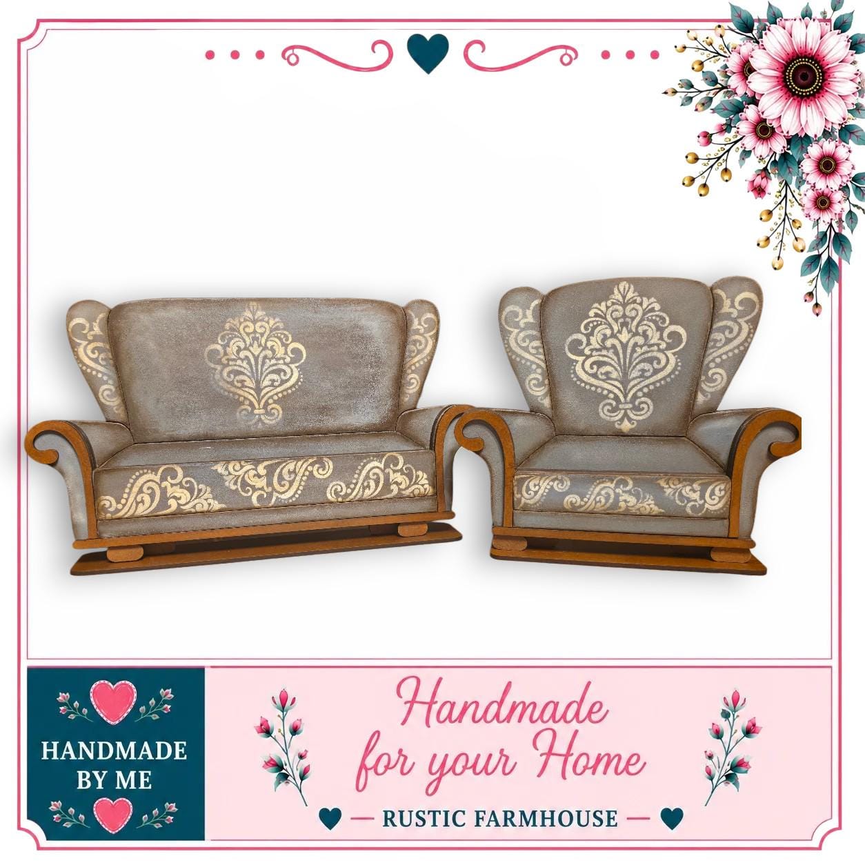 two ornate, handcrafted furniture pieces, including a sofa and a chair, with intricate floral designs on their upholstery. The furniture appears to be made of wood and has a rustic, vintage aesthetic. The image is framed by a decorative border with floral elements, and the text "Handmade for your Home - Rustic Farmhouse" is displayed, indicating that these pieces are likely intended for use in a rustic, farmhouse-style home.