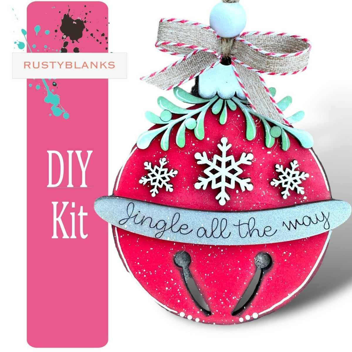 a red ornament with snowflakes and a ribbon