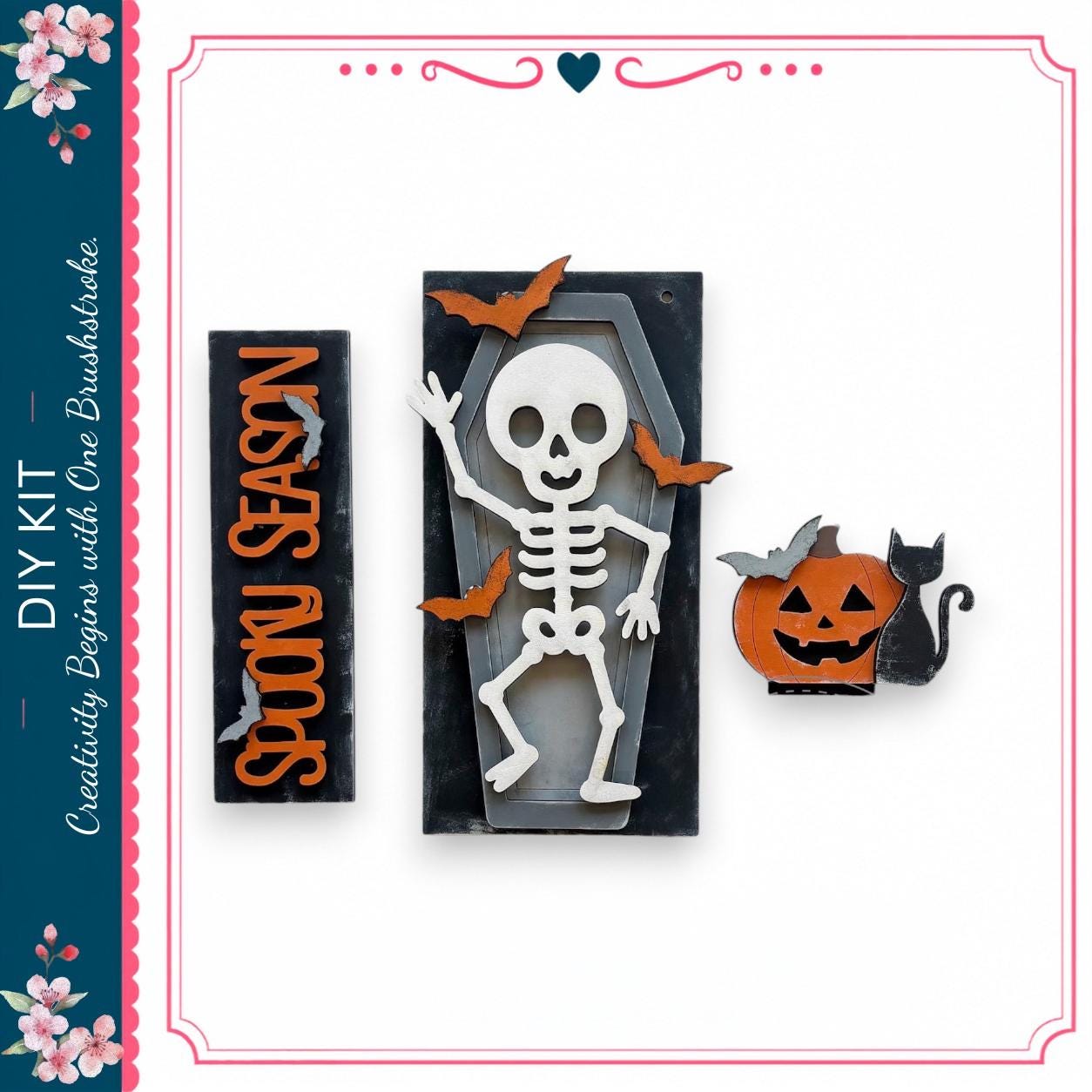 a skeleton figure, a carved pumpkin, and bats, all set against a black background.