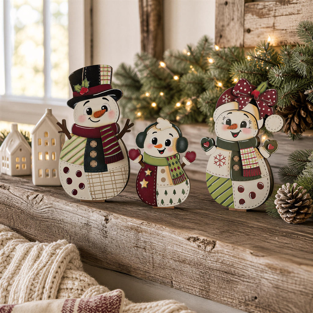 A festive scene with three colorful snowman decorations on a wooden shelf, surrounded by pine cones and greenery, with a window and string lights in the background.