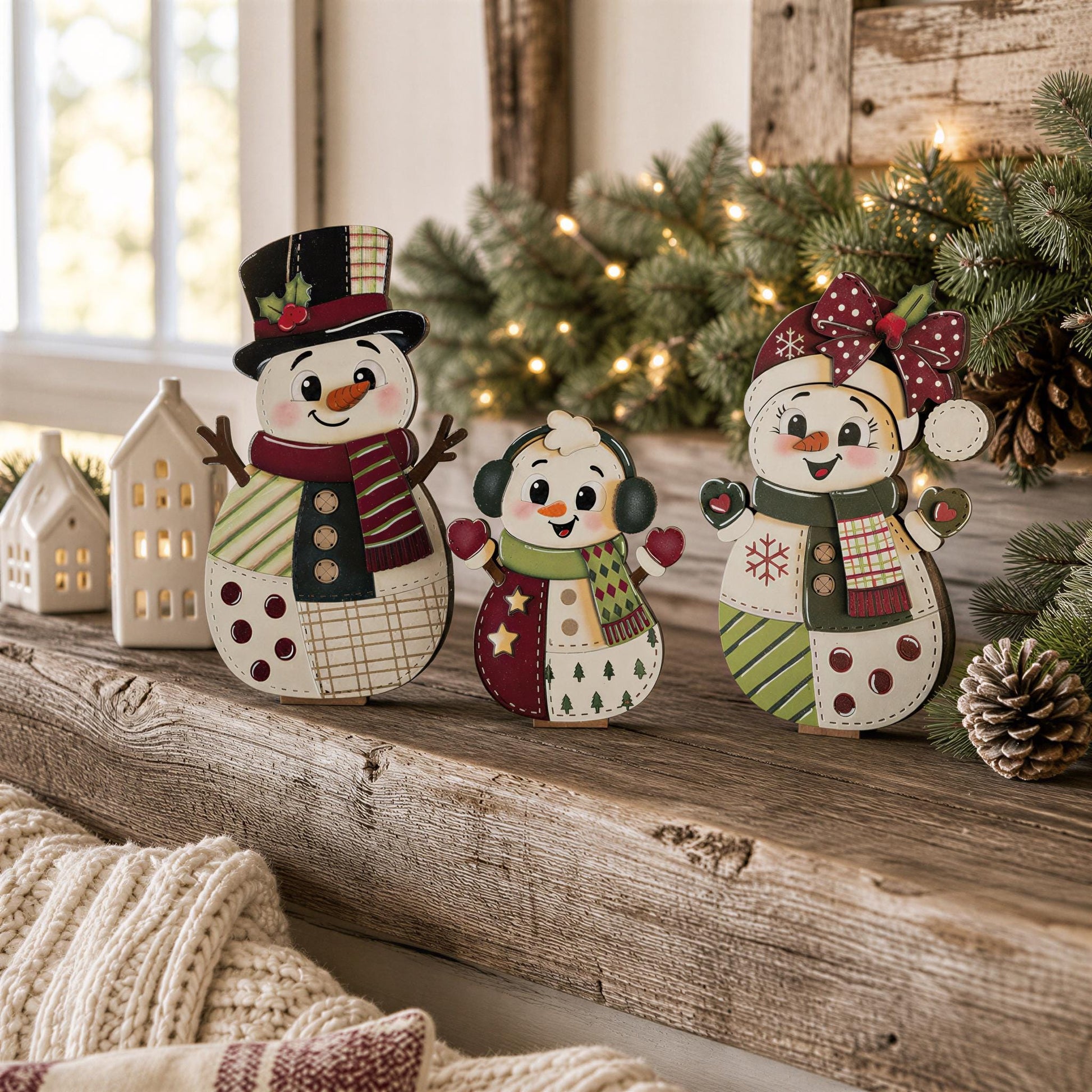 A festive scene with three colorful snowman decorations on a wooden shelf, surrounded by pine cones and greenery, with a window and string lights in the background.