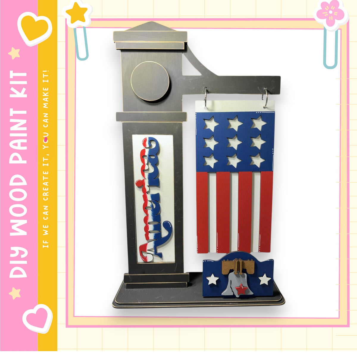 a DIY paint kit kit, which includes a wooden frame with an American flag design and a wooden plaque. The kit appears to be made of wood and is designed for creating a wooden frame with a painted American flag design.