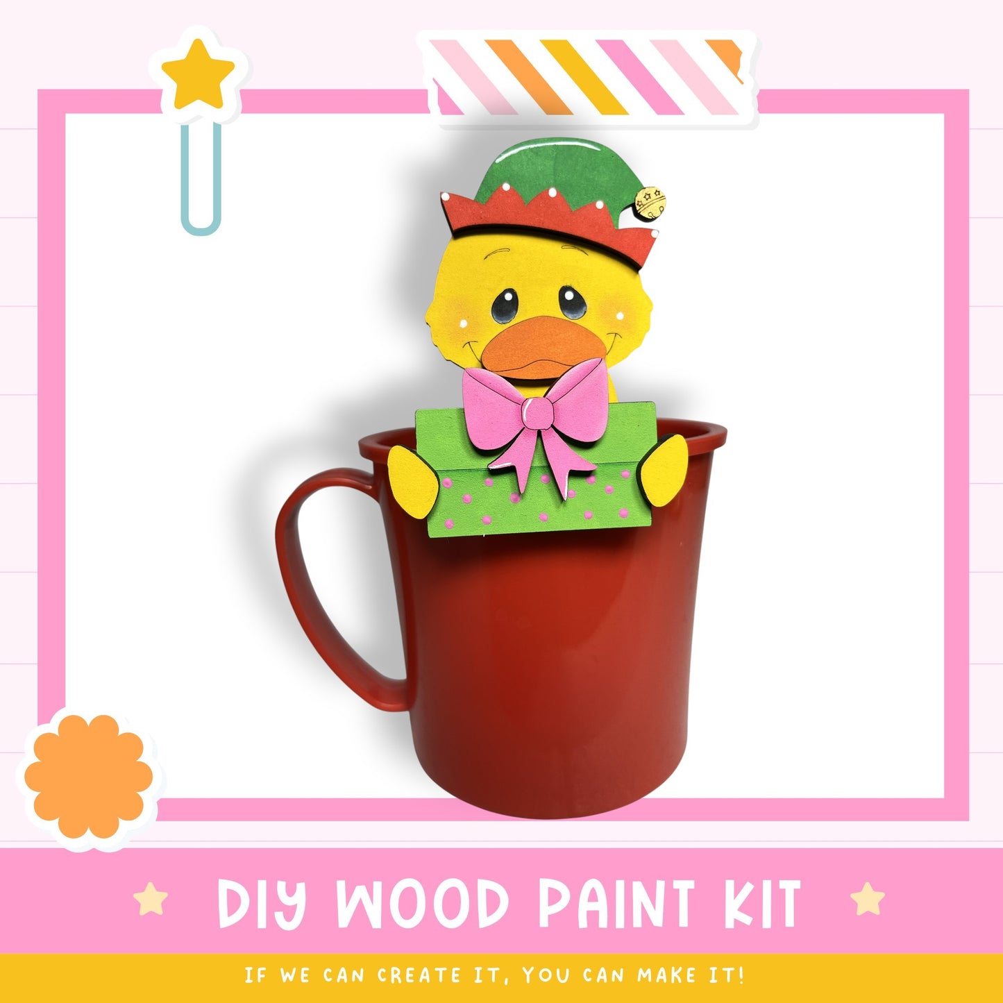 A colorful wooden paint kit featuring a cute duck character in a red mug, with a star decoration above the mug.
