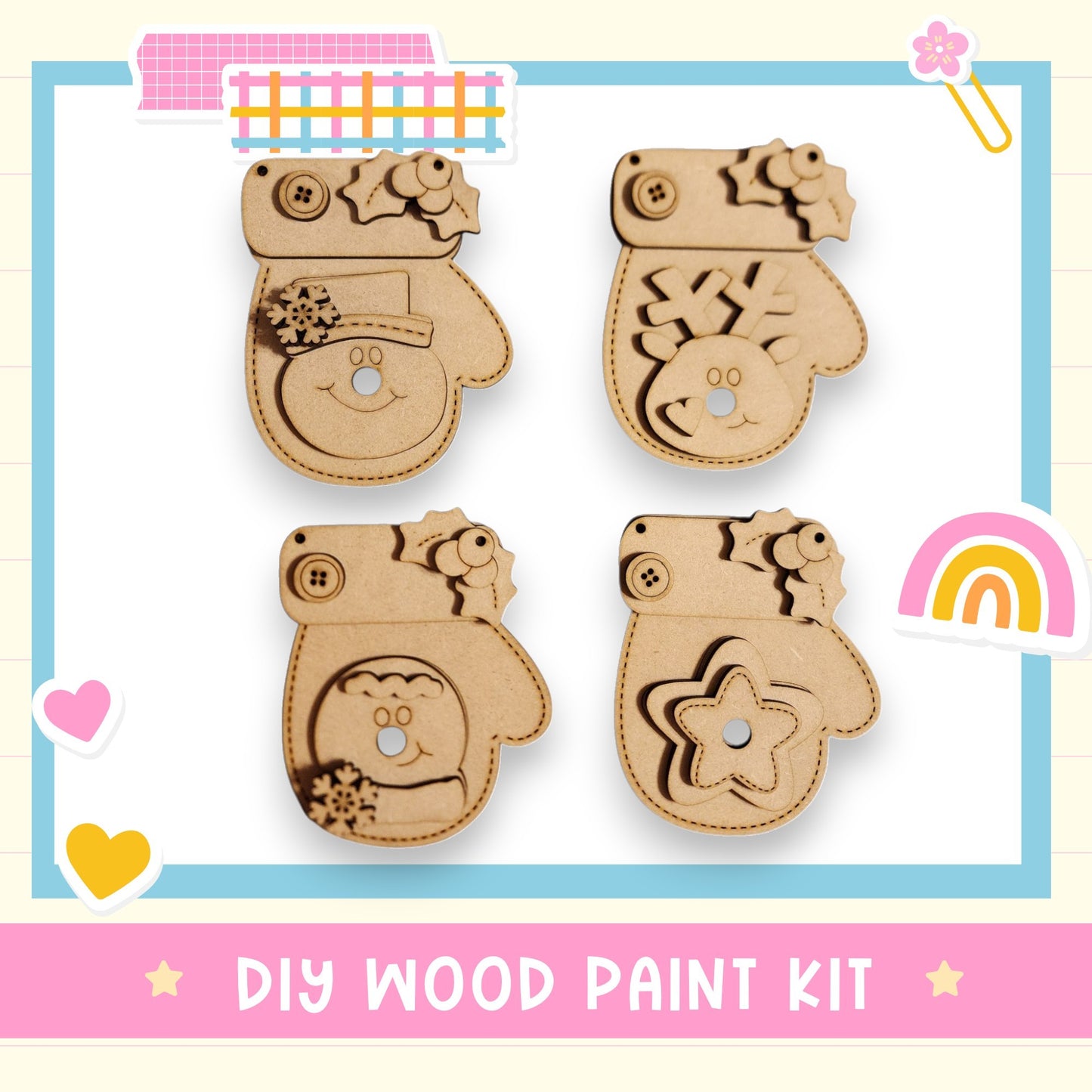 The image is a DIY wood paint kit featuring four wooden mittens with various designs, including stars, snowflakes, and hearts.