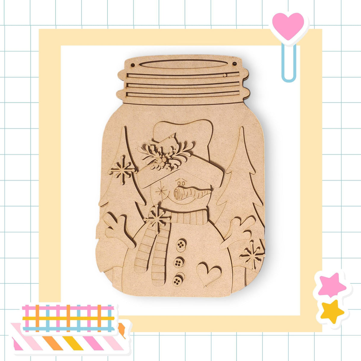 A wooden snowman figure is displayed in a mason jar, surrounded by various colorful stickers and a heart-shaped object.