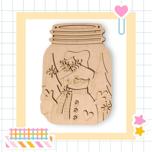 A wooden snowman figure is displayed in a mason jar, surrounded by various colorful stickers and a heart-shaped object.