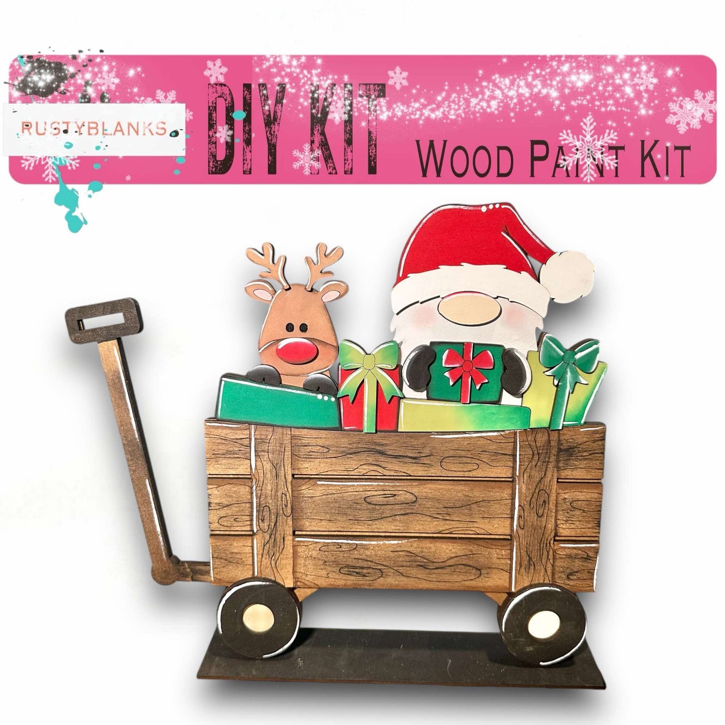 a wooden cart with a santa clause and reindeer in it