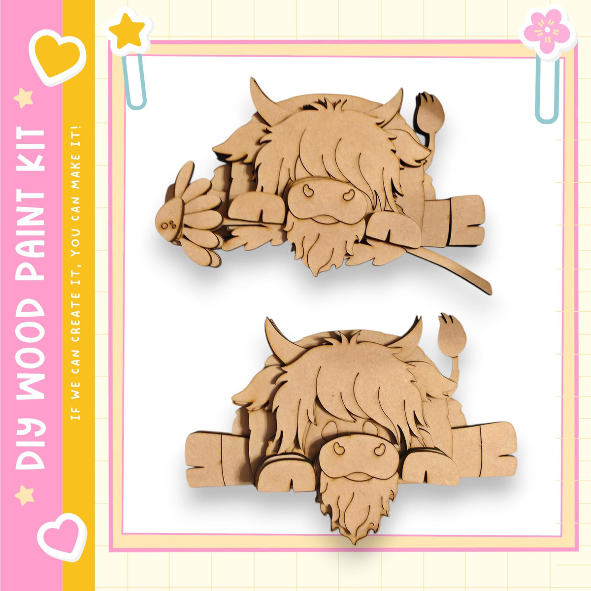 two wooden cutouts of a bison or buffalo, one standing and one lying down, with a pink and yellow border.