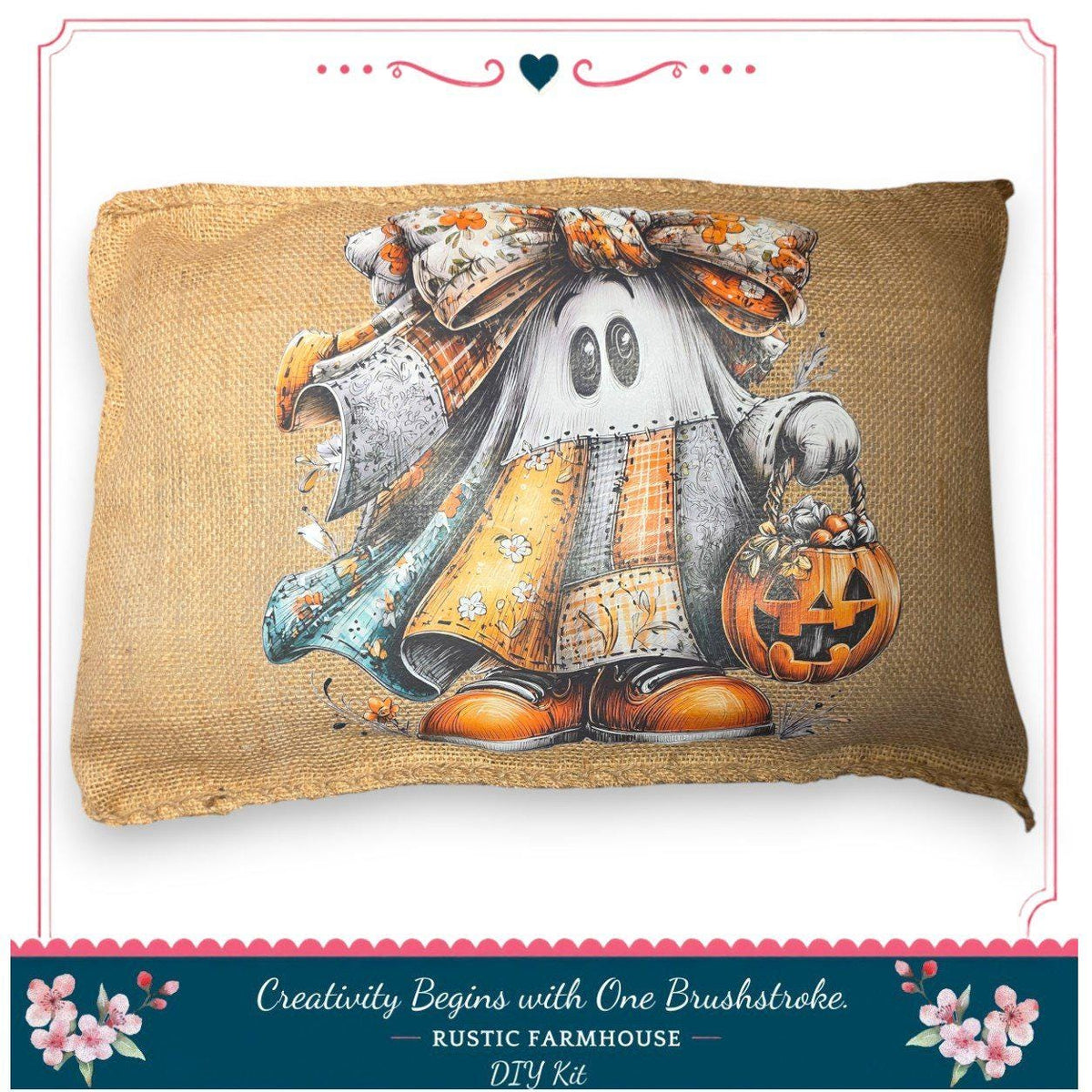 A pillow with a Halloween-themed design featuring a ghost, pumpkin, and bow.