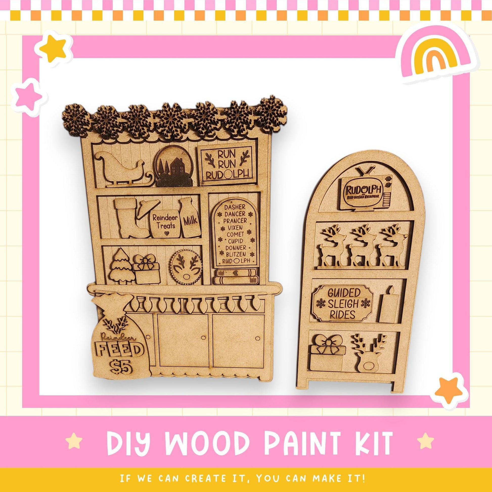 a DIY wood paint kit for creating wooden decorations, including a wooden sled and a wooden sled with a Santa Claus figure. The kit appears to be made of wood and is designed for painting and decorating wooden objects.