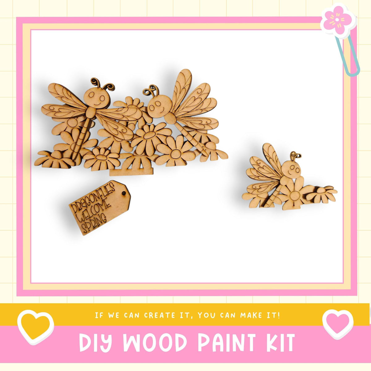 The image is a DIY wood paint kit featuring a wooden butterfly and flower design.