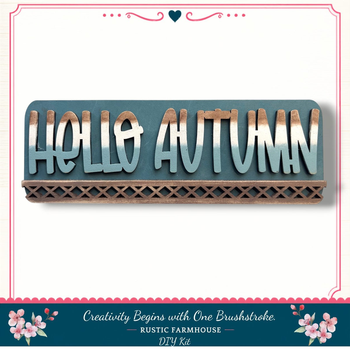 A wooden sign with the text "Hello Autumn" in a rustic farmhouse style, surrounded by a decorative border and flowers.