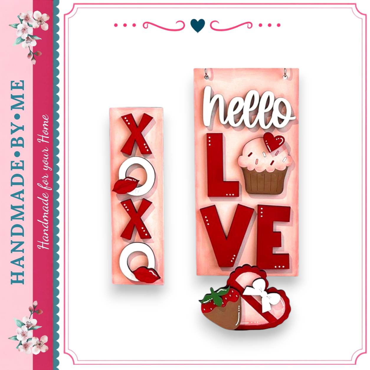two wooden signs with the words "XOXO" and "LOVE" written on them, along with a heart and a cupcake. The signs are displayed against a pink background, and there are some flowers and a heart visible in the image.
