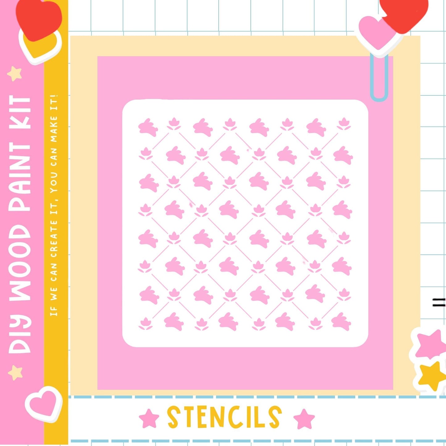 The image is a colorful and playful DIY paint kit featuring a pink background with a repeating pattern of pink flowers and leaves. The kit includes a stencil and instructions for creating a design using the stencil.