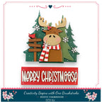A festive Christmas-themed collage featuring a cartoon moose wearing a scarf and surrounded by snowflakes, pine trees, and directional signs.