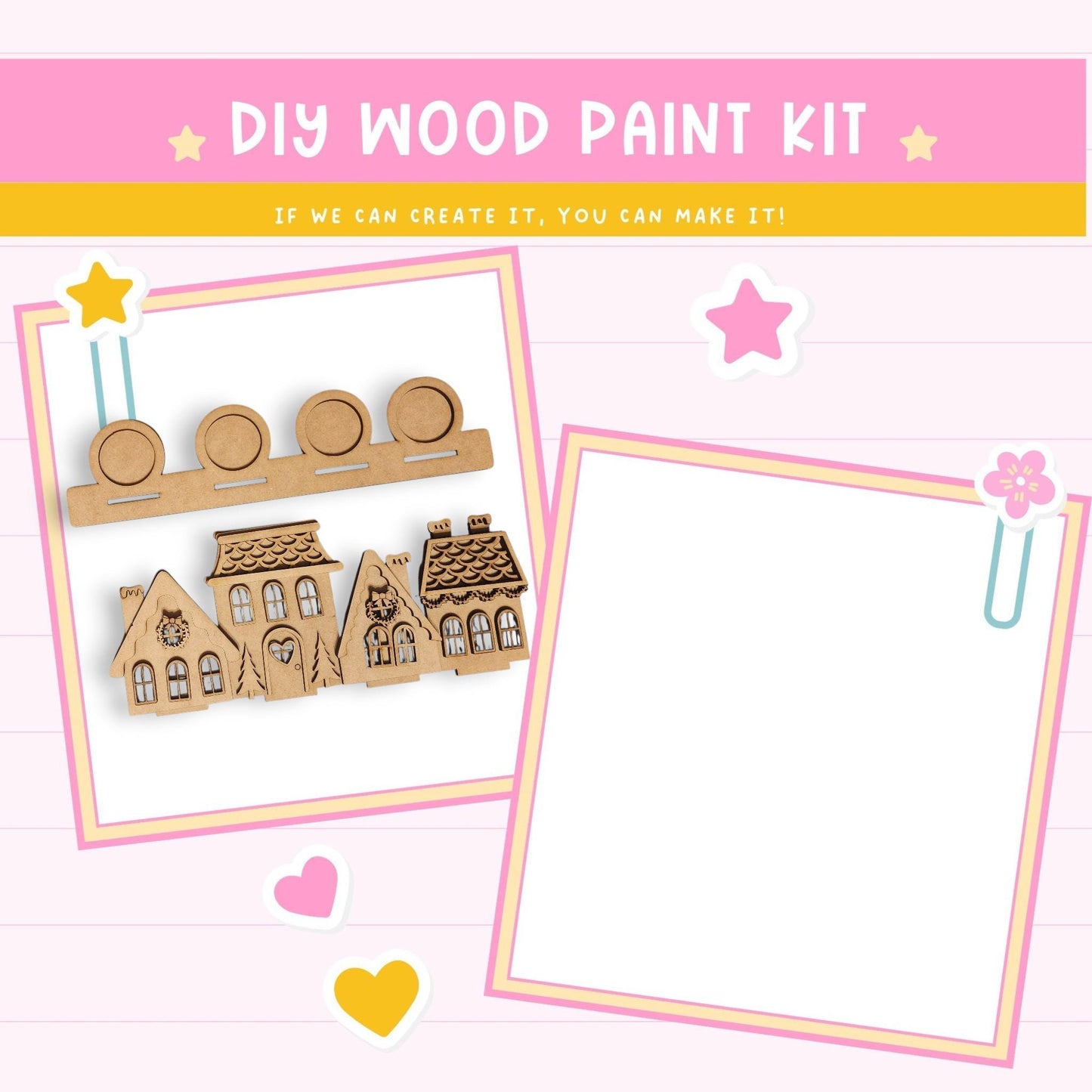 The image is a DIY wood paint kit advertisement, featuring a wooden house and a blank white space. The kit appears to be designed for children, with a focus on creativity and craftsmanship.