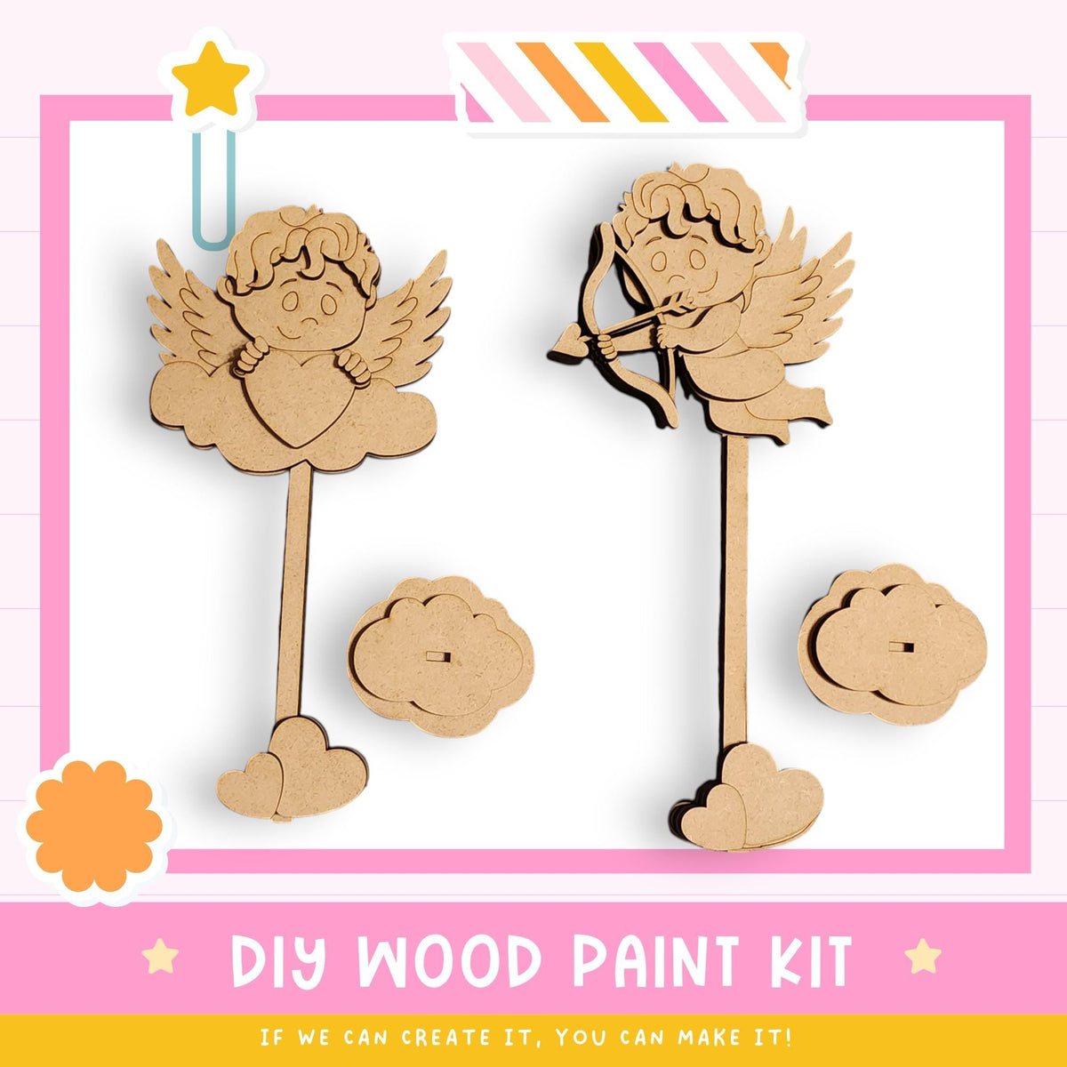 a DIY wood paint kit with two wooden cherubs and clouds, along with a star and a flower. The kit appears to be made of wood and is designed for painting.
