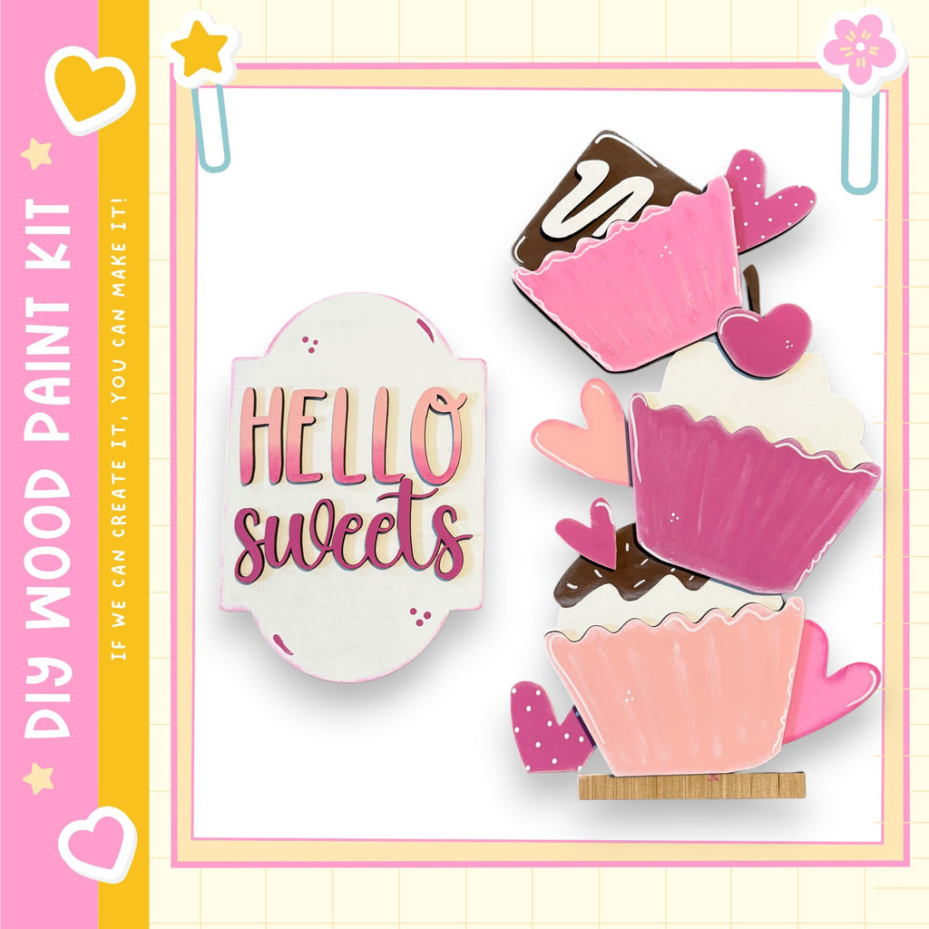 The image is a colorful and playful collage featuring various decorative elements, including heart-shaped cutouts, cupcake-shaped cutouts, and the text "Hello sweets" in a playful font.