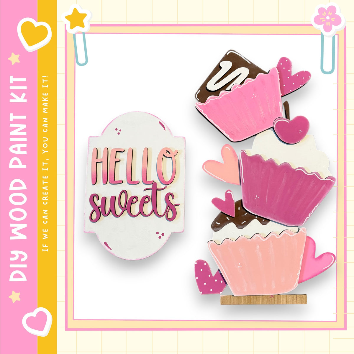 The image is a colorful and playful collage featuring various decorative elements, including heart-shaped cutouts, cupcake-shaped cutouts, and the text "Hello sweets" in a playful font.