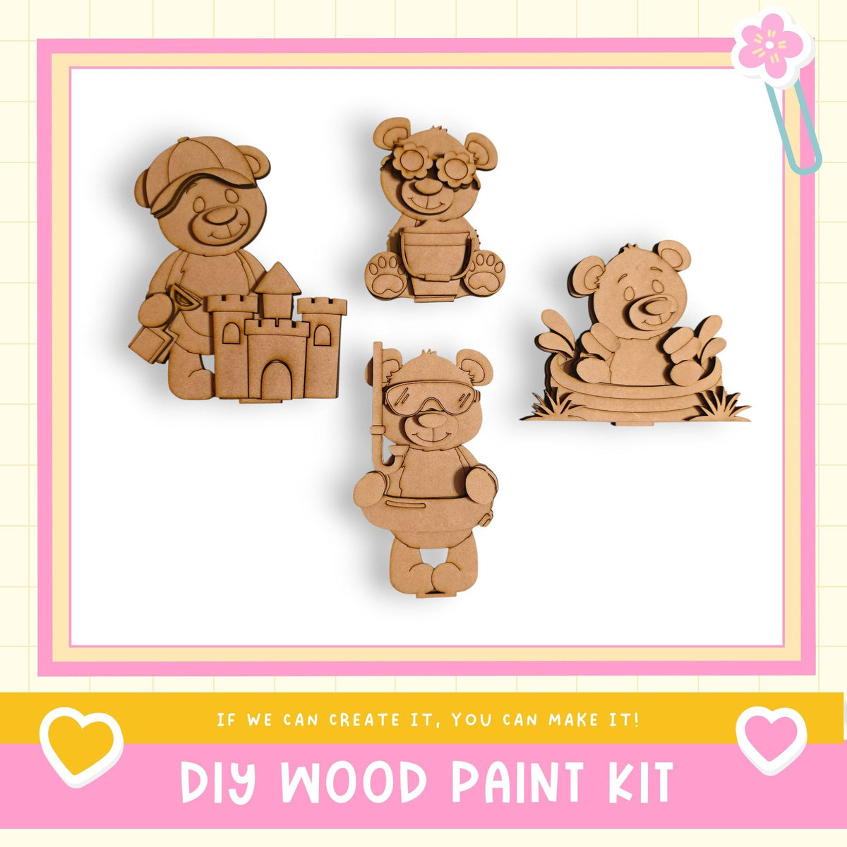 The image is a DIY wood paint kit featuring four wooden bear figurines in various poses, including one sitting on a bench and another holding a castle.