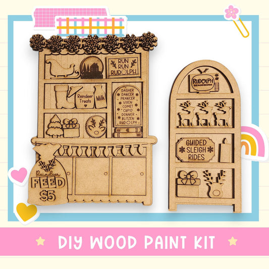 a DIY wood paint kit, including a wooden sled and a wooden sled-themed cabinet. The kit appears to be made of wood and is designed for painting.
