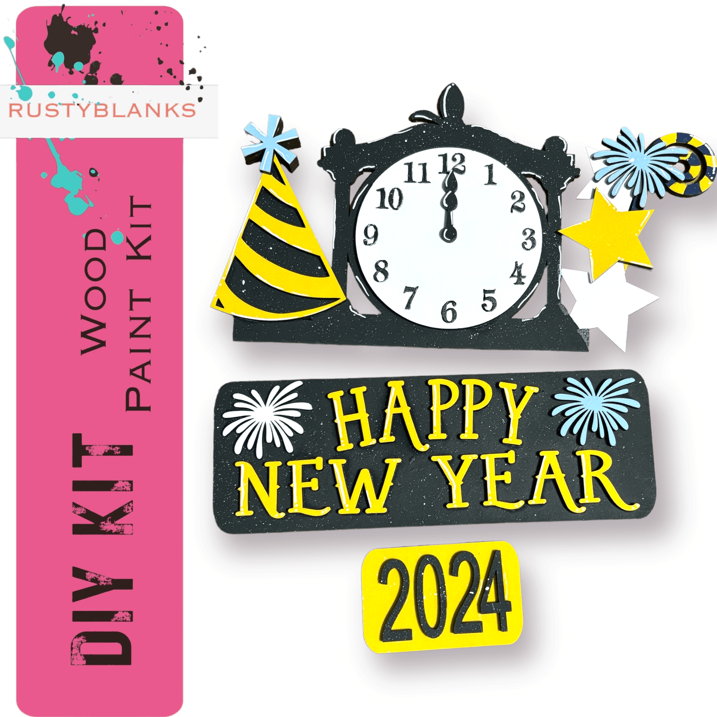 a happy new year sign with a clock and party hats