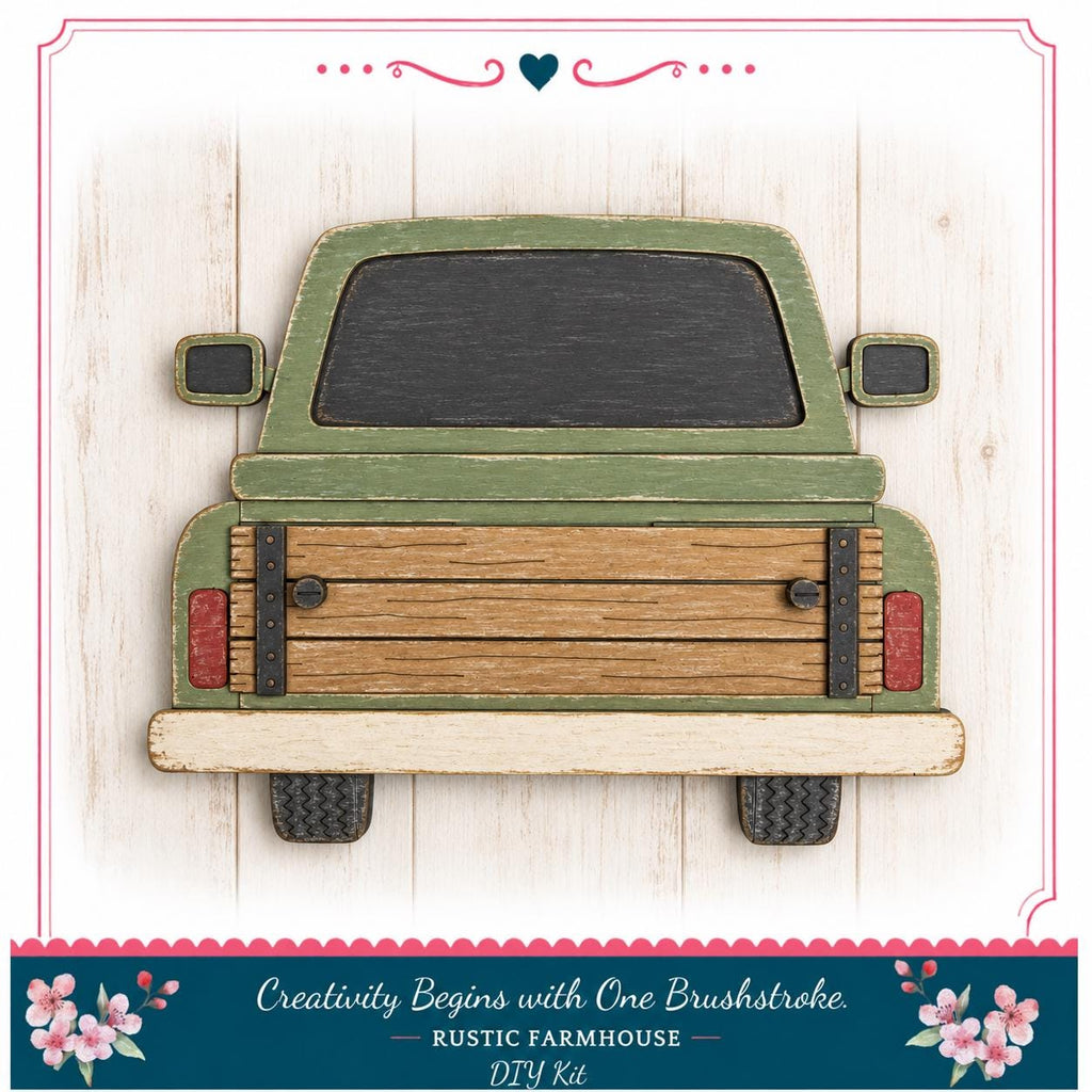 A wooden truck with a rustic farmhouse theme, featuring a green and brown color scheme and a wooden bed.