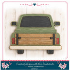 A wooden truck with a rustic farmhouse theme, featuring a green and brown color scheme and a wooden bed.