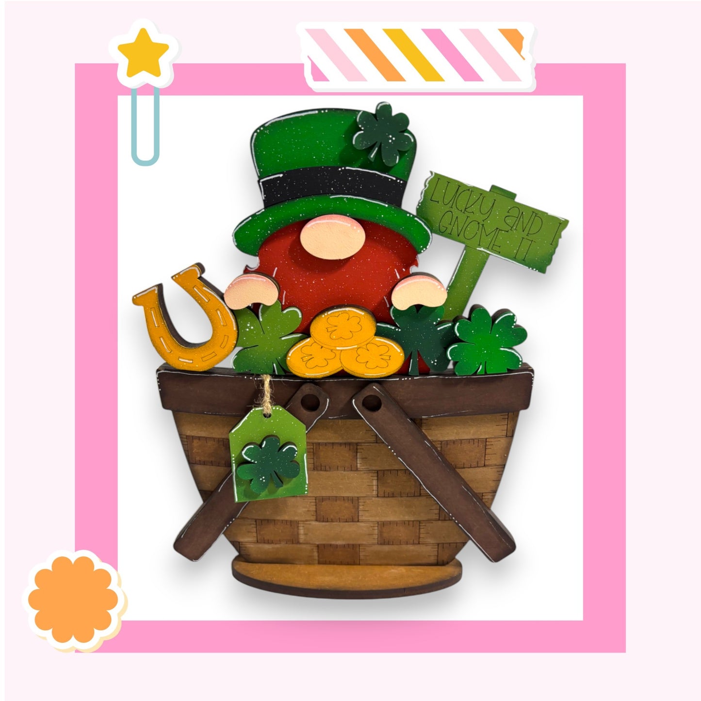 a st patrick's day card with a lepreite in a basket