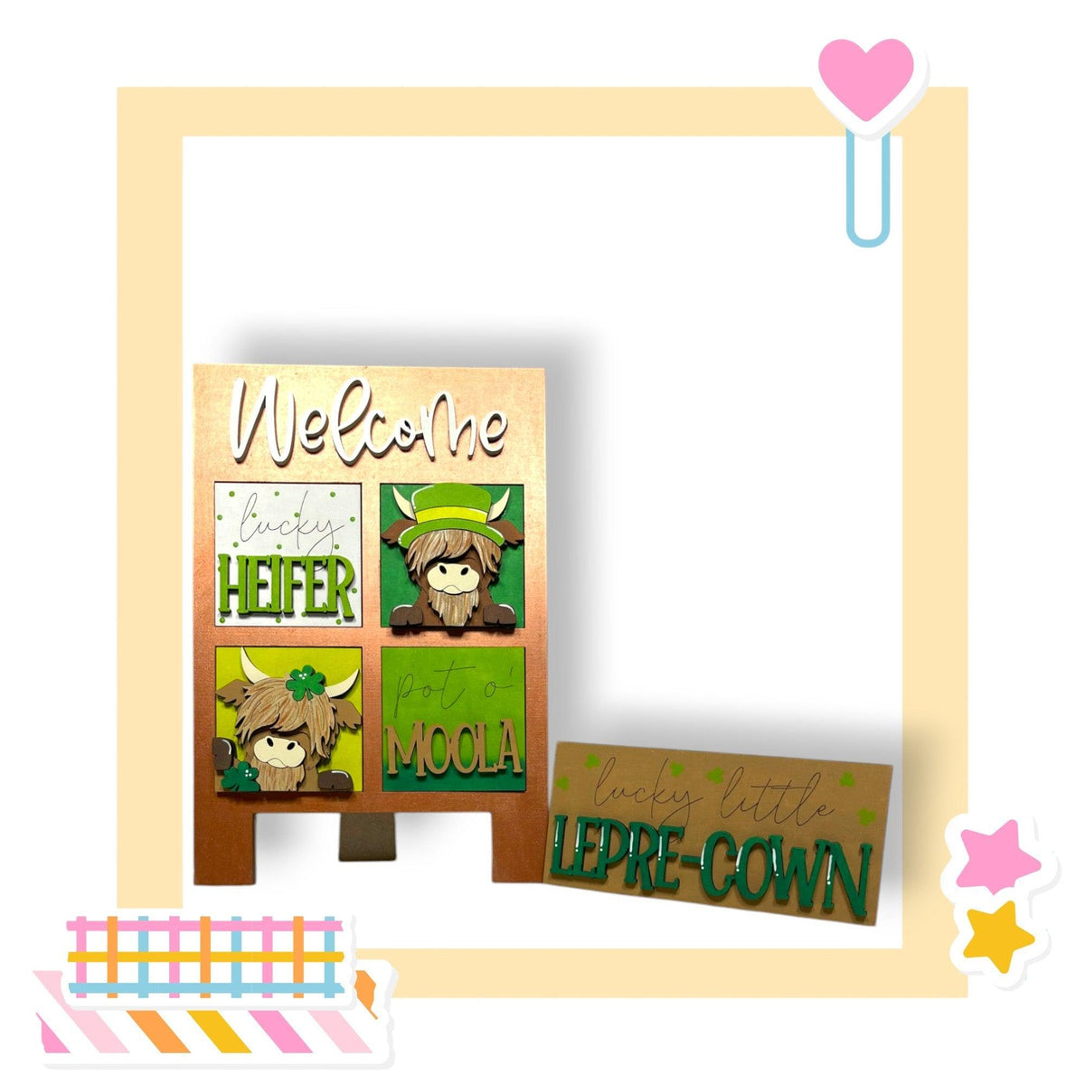 a picture frame with a picture of a cow and a welcome sign