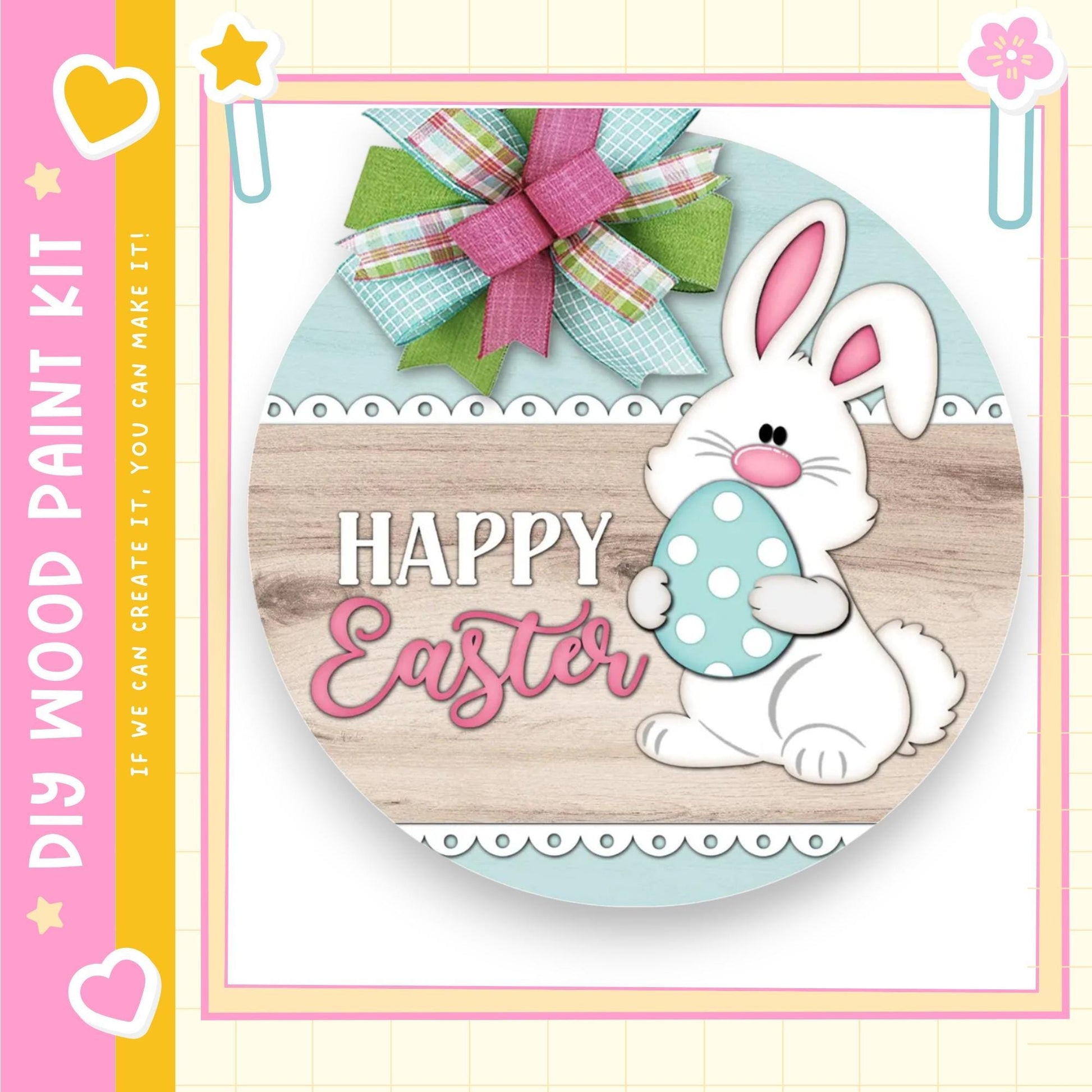 A cheerful Easter greeting featuring a cartoon bunny holding a blue egg, with a bow and the text "Happy Easter" displayed on a wooden background.