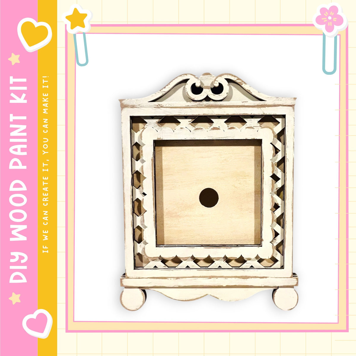 a wooden frame with a central hole, set against a pink and yellow background with decorative elements.