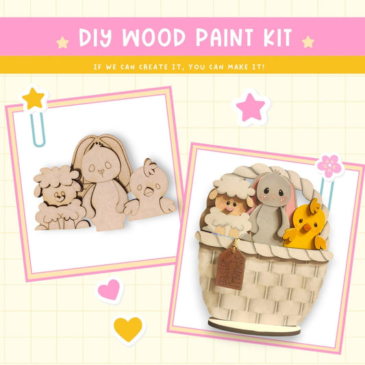 a wooden craft kit with a basket of animals