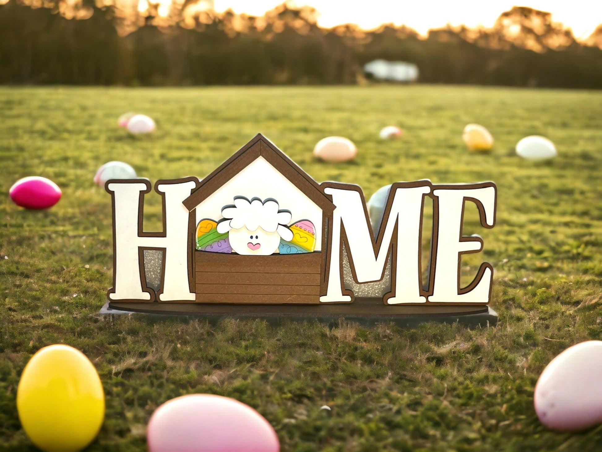 a wooden sign that says home in a field of eggs